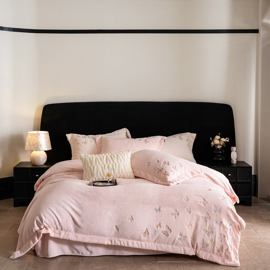 Embroidered Pastel Butterfly Washed Cotton-Linen Duvet Cover Ensemble