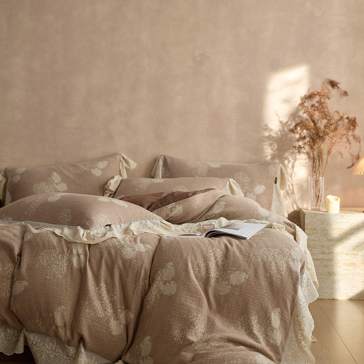 Ruffled Lace-Trim Reversible Duvet Cover Set with Tied Pillow Shams