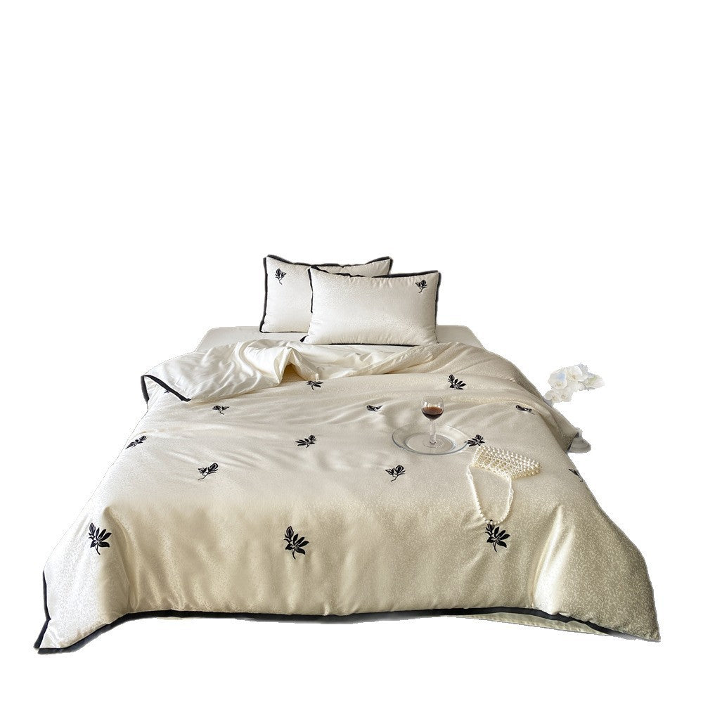 Reversible Jacquard Sateen Duvet Cover Set with Minimalist Botanical Embroidery and Contrast Piped Shams