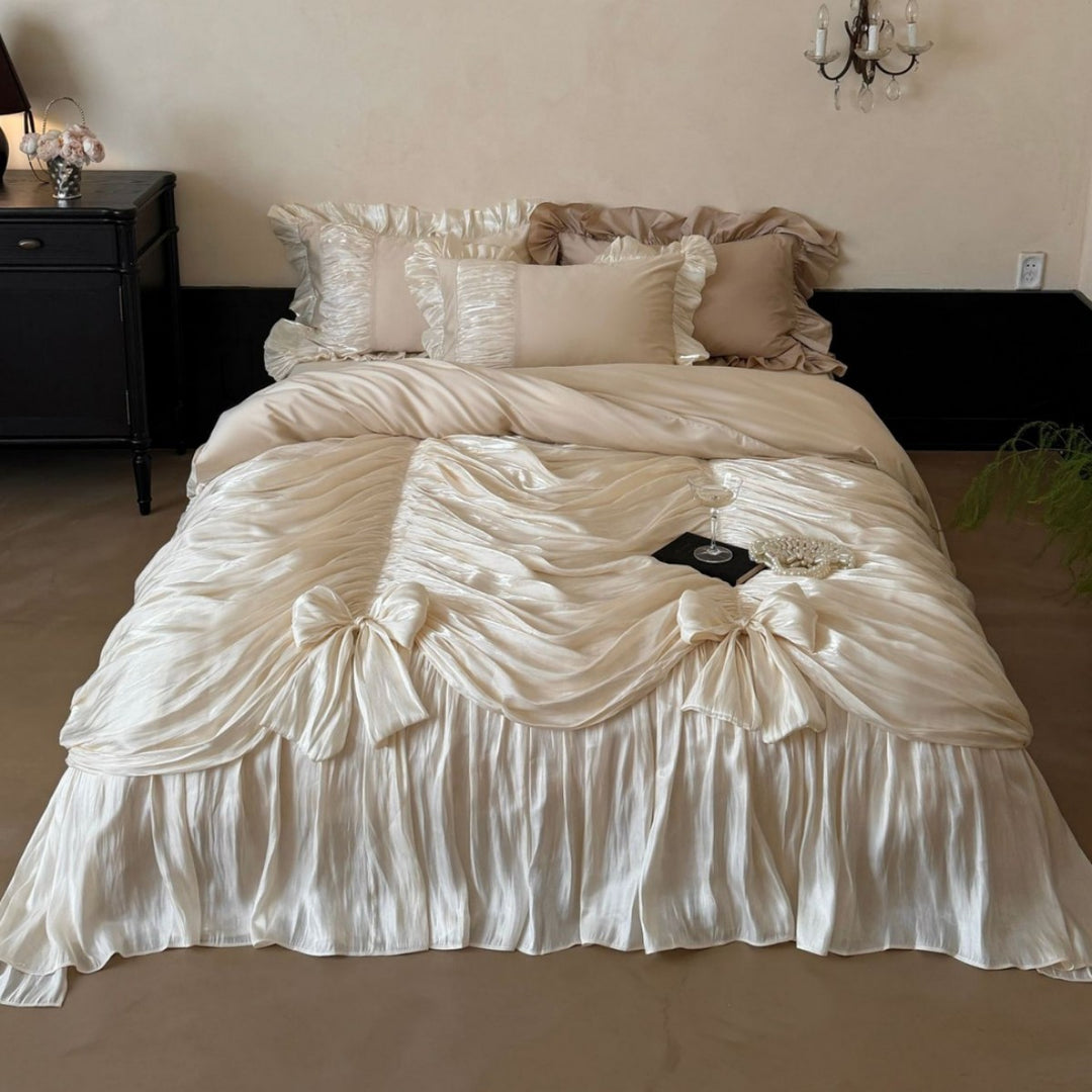 Luxury Pleated Satin Ruffled Bedspread Set with Decorative Bow Accents and Matching Pillow Shams