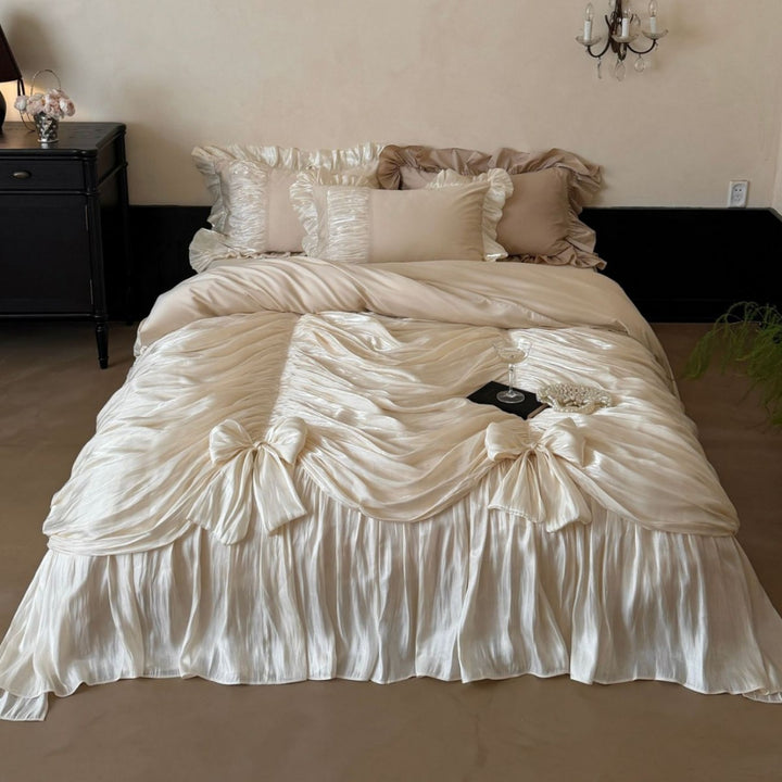 Luxury Pleated Satin Ruffled Bedspread Set with Decorative Bow Accents and Matching Pillow Shams