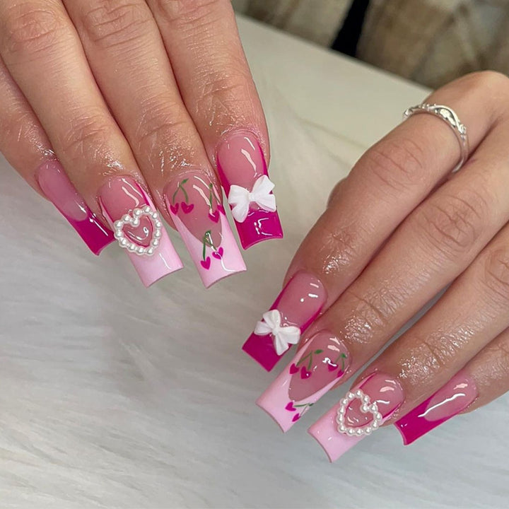 Decorative Press-On Nail Art Set with 3D Heart and Bow Accents Stornfield