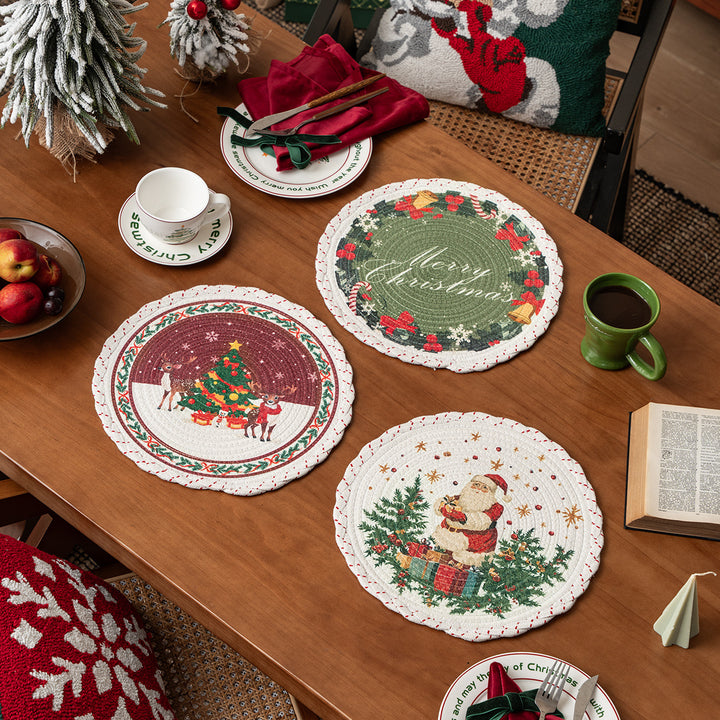 Round Christmas tree skirt made of woven cotton blend fabric with reindeer and pine branch motif