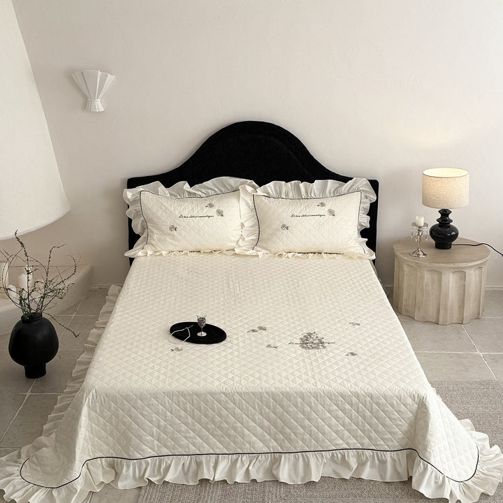 Quilted Ruffled Embroidered Bedspread Set with Matching Pillow Shams