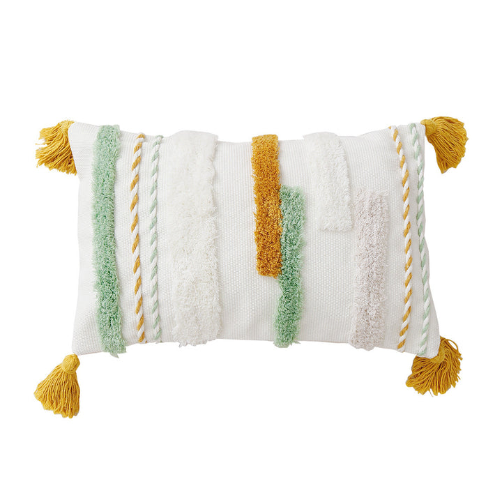 Decorative cotton cushion with hand-tufted relief and decorative tassels Stornfield