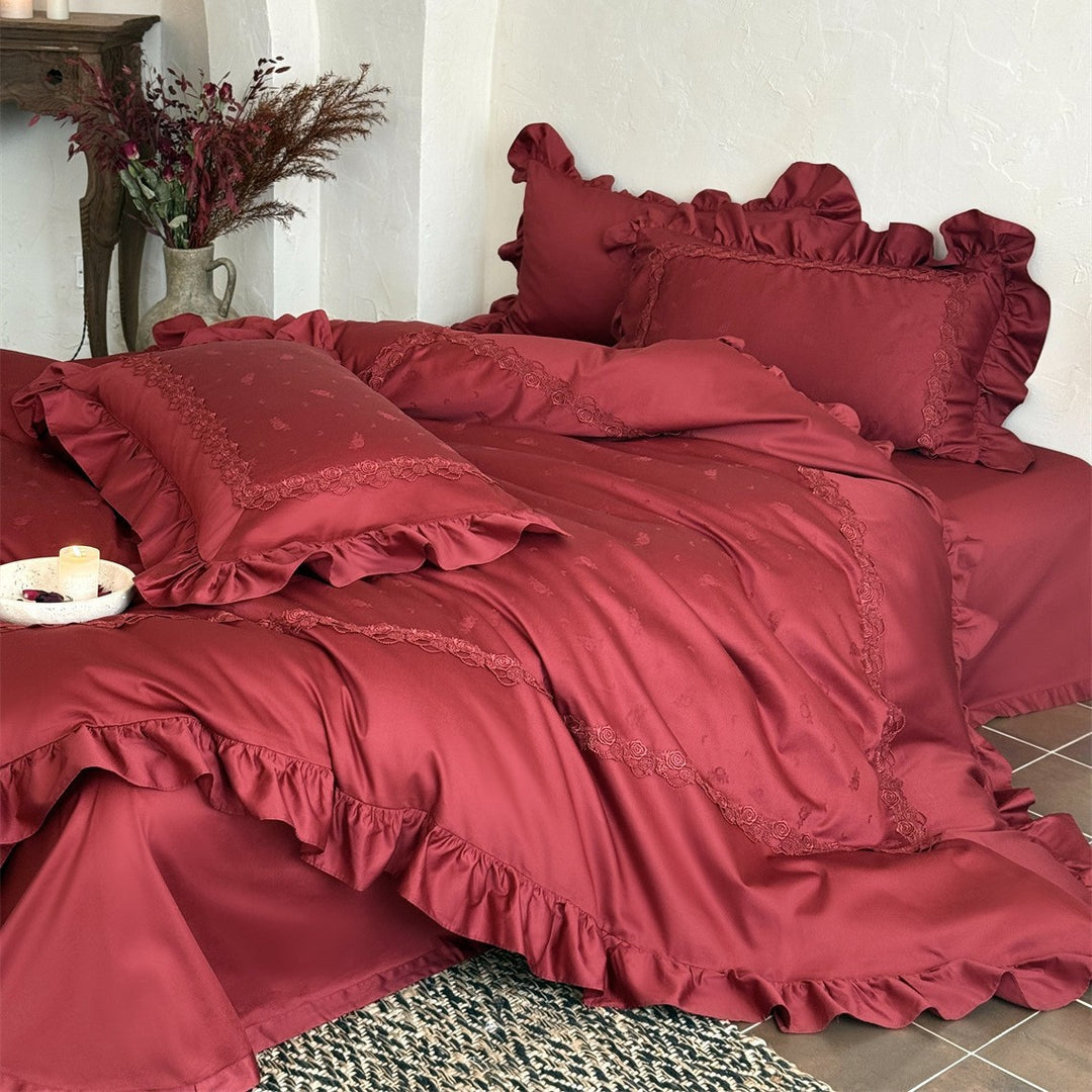 Luxury Ruffled Lace Duvet Cover Set with Embroidered Scallop Trim