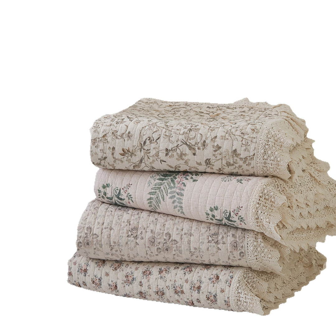 Hand-Quilted Vintage Floral Cotton Bedspread & Crochet-Edged Pillow Sham Set