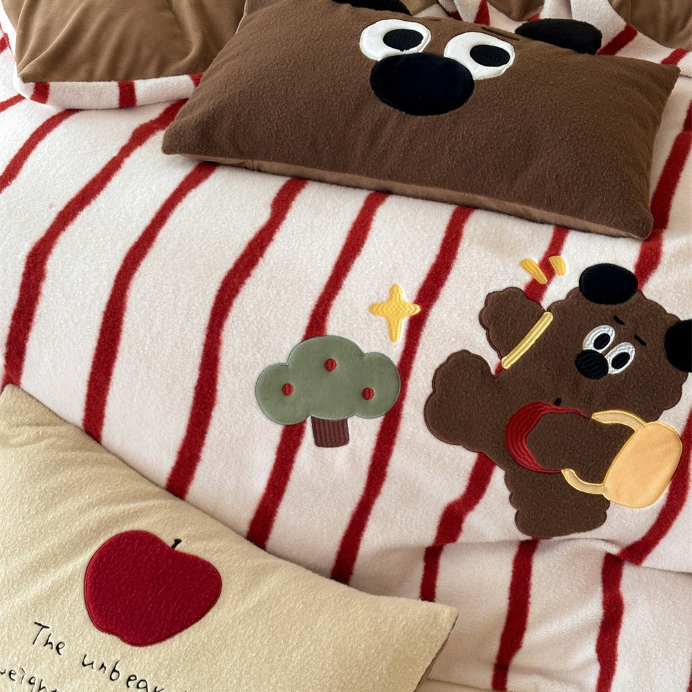 Plush Reversible Striped Duvet Cover Set with Embroidered Cartoon Appliqué