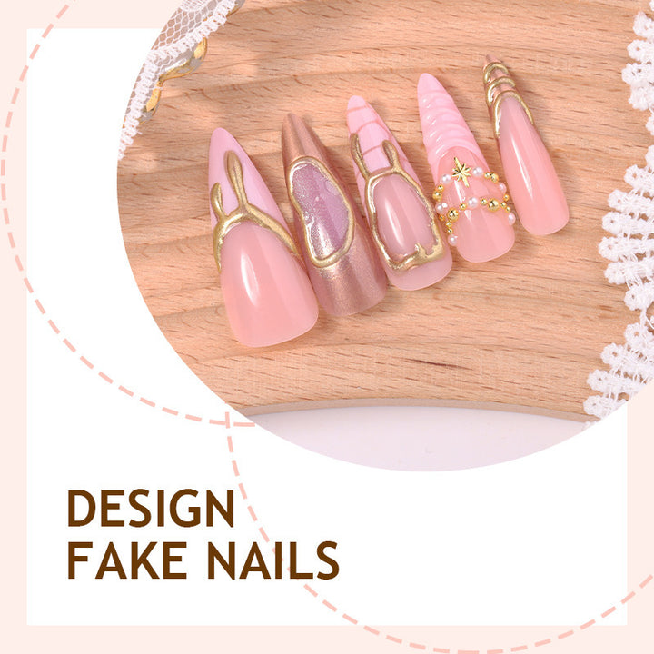 Artificial nail set with glamorous gold accents and elegant designs Stornfield