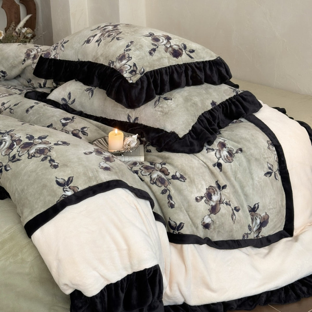 Floral Velvet-Texture Ruffled Duvet Cover Set with Decorative Pillow Shams