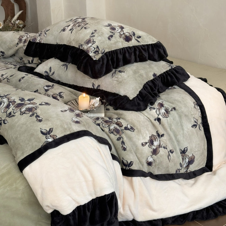 Floral Velvet-Texture Ruffled Duvet Cover Set with Decorative Pillow Shams