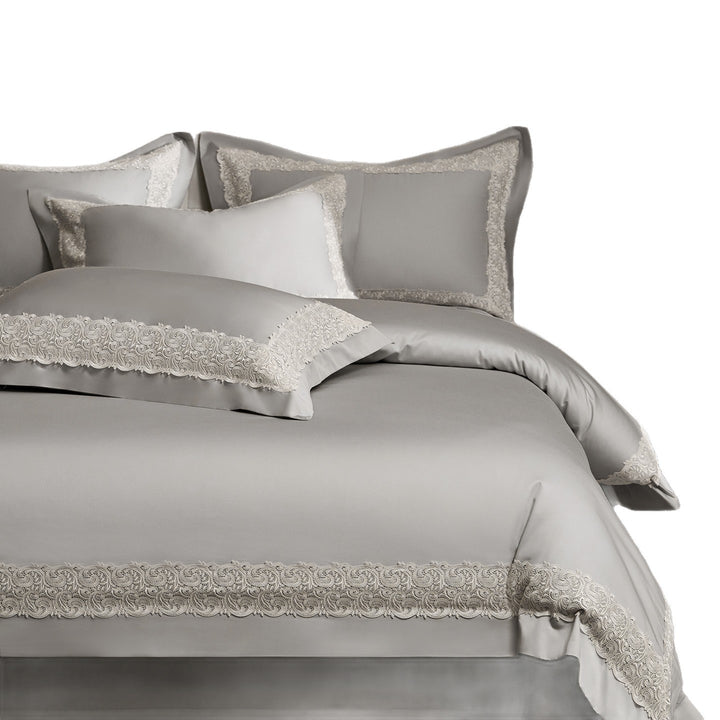 Luxury Sateen Duvet Cover Ensemble with Scalloped Lace Border and Tailored Bed Skirt