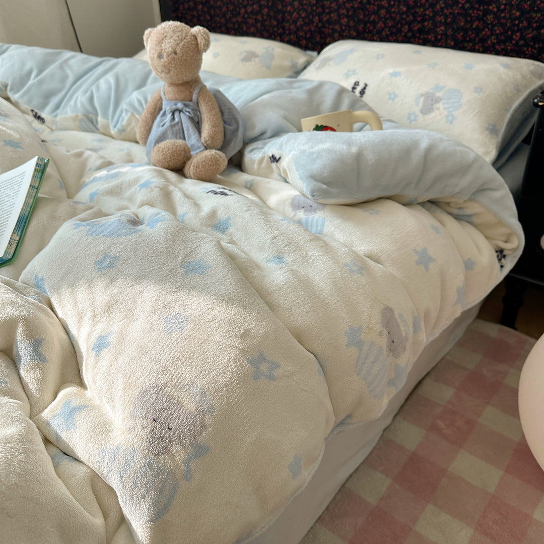 Children's Plush Reversible Teddy Patchwork Comforter Bed Set