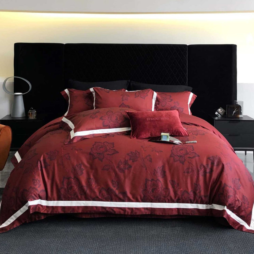 Luxury Floral Jacquard Cotton Duvet Cover Set with Contrasting Border and Matching Shams