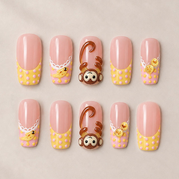 Artificial nail set with playful animal motifs and elegant embellishments Stornfield