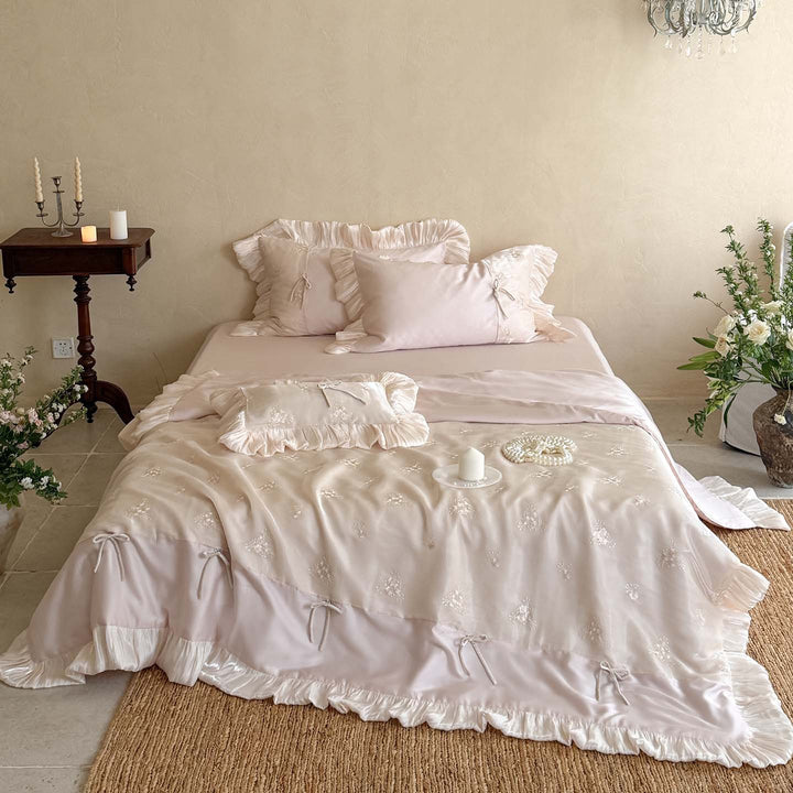 Luxury Ruffled Embroidered Satin Bedding Set