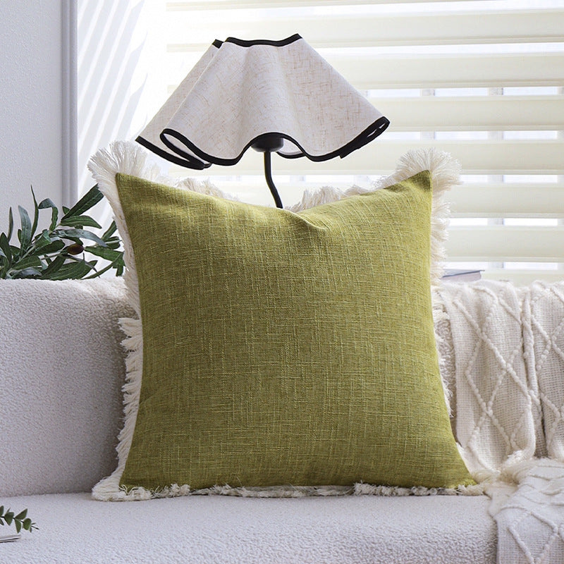 Square decorative pillow cover made of cotton blend with relief rectangular tufts and fringed edge Stornfield