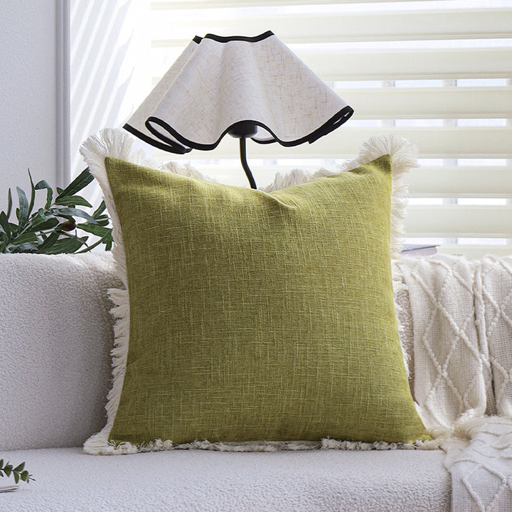 Square decorative pillow cover made of cotton blend with relief rectangular tufts and fringed edge Stornfield