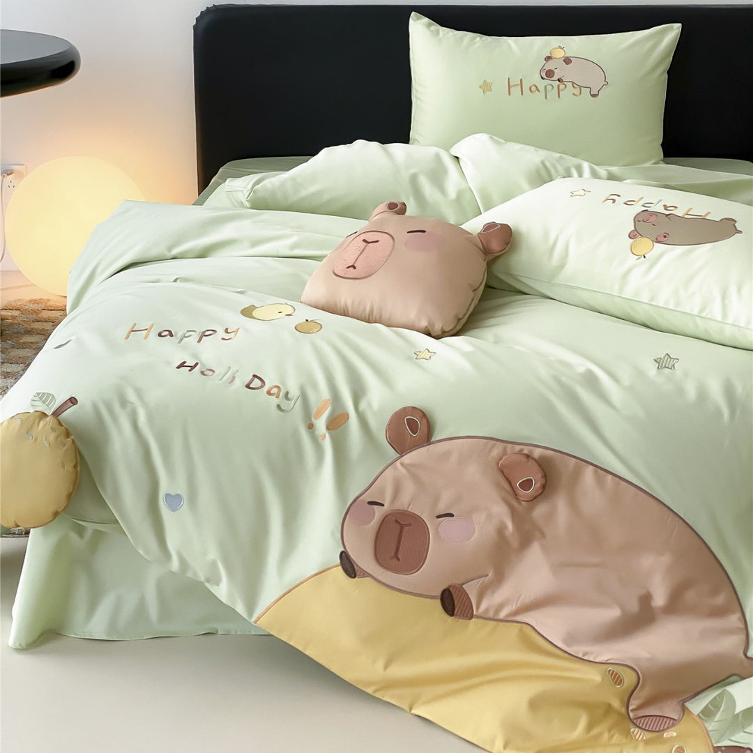 Soft-Touch Cotton Duvet Cover Set with 3D Bear Appliqué, Reversible Sateen Back & Pillow Shams