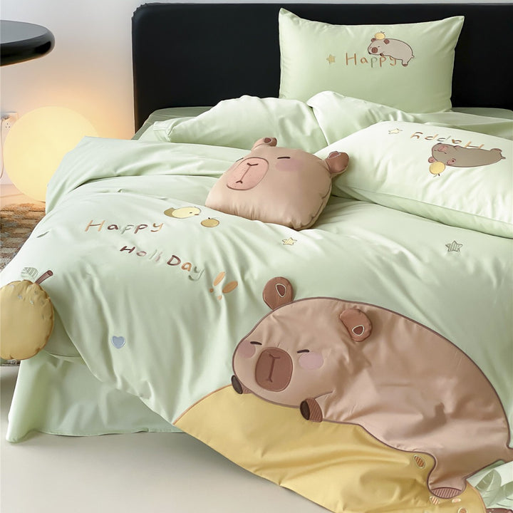 Soft-Touch Cotton Duvet Cover Set with 3D Bear Appliqué, Reversible Sateen Back & Pillow Shams