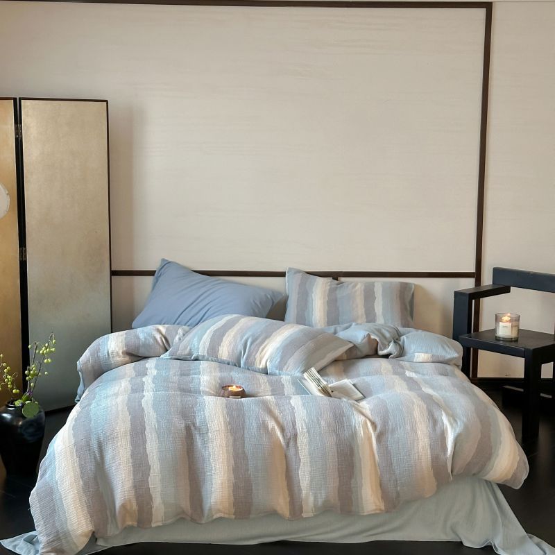 Pastel Striped Cotton-Linen Duvet Cover Set with Textured Seersucker Finish