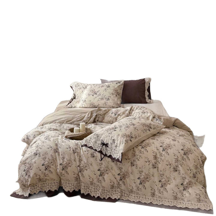 Luxurious cotton-linen bedding set with floral print and crochet lace