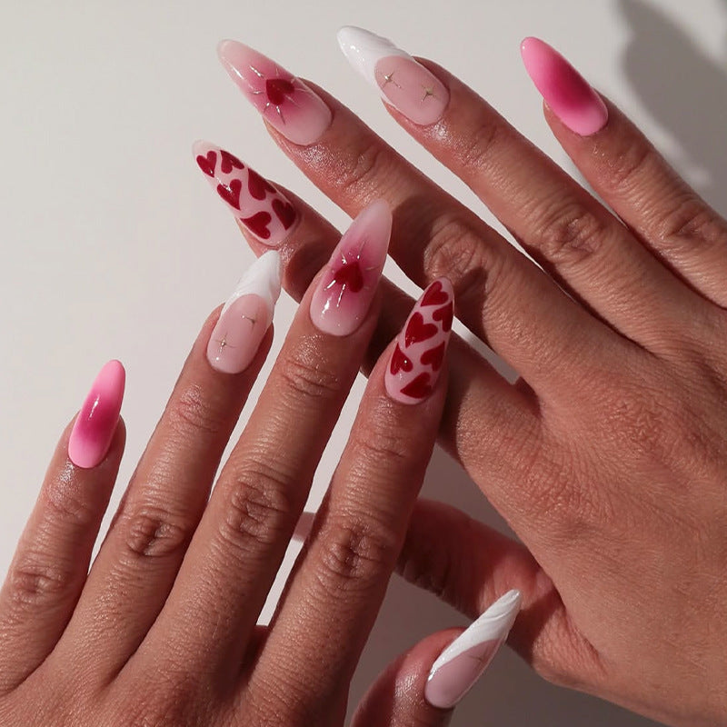 Artistic Press-On Nail Set with Gradient and Heart Patterns Stornfield