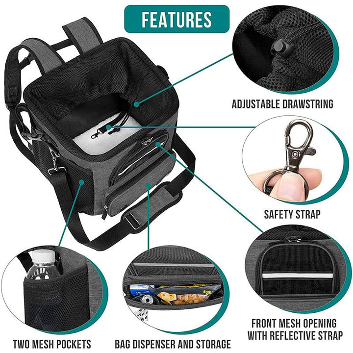 convertible front-mount pet transport backpack with reinforced base, breathable mesh canopy, padded straps and detachable shoulder sling Stornfield