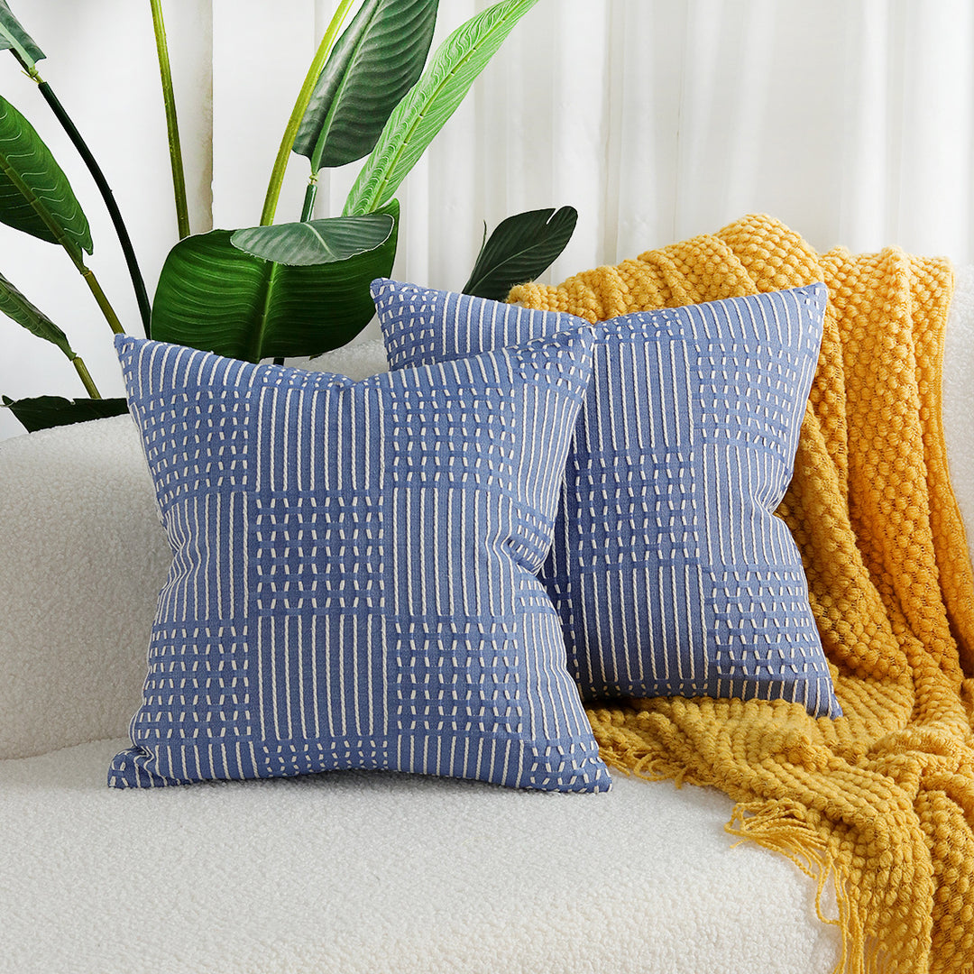 Stitched Geometric Cotton-Linen Square Throw Pillow Cover with Hidden Zipper
