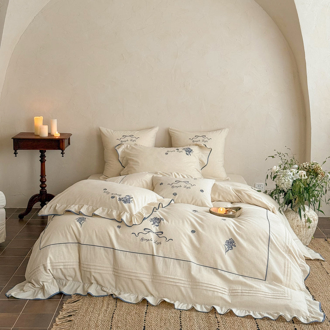 Floral-Embroidered Ruffled Cotton Percale Duvet Cover Set with Frilled Edge & Euro Pillow Shams