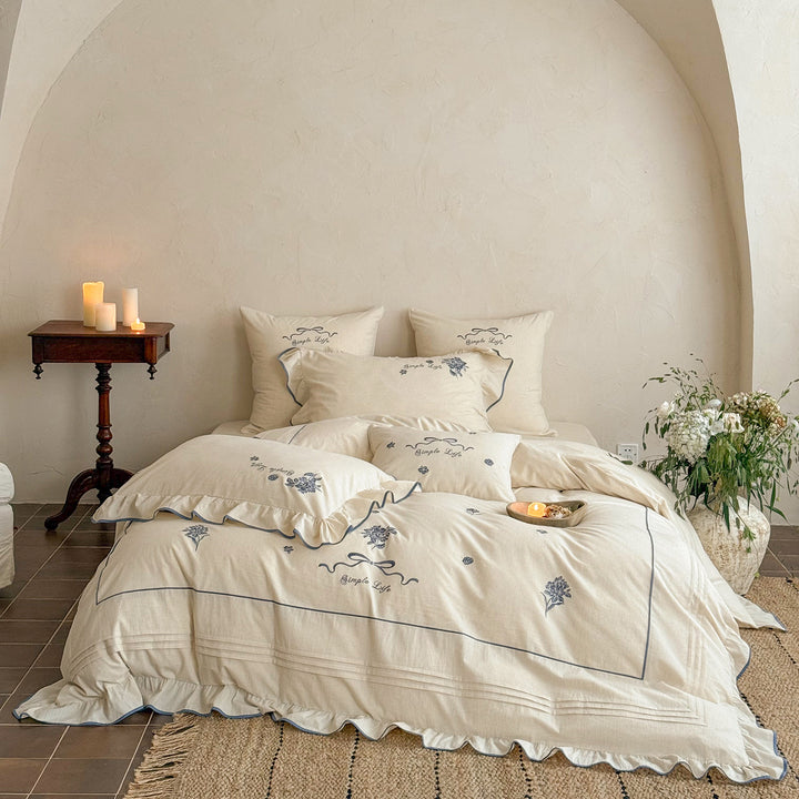 Floral-Embroidered Ruffled Cotton Percale Duvet Cover Set with Frilled Edge & Euro Pillow Shams