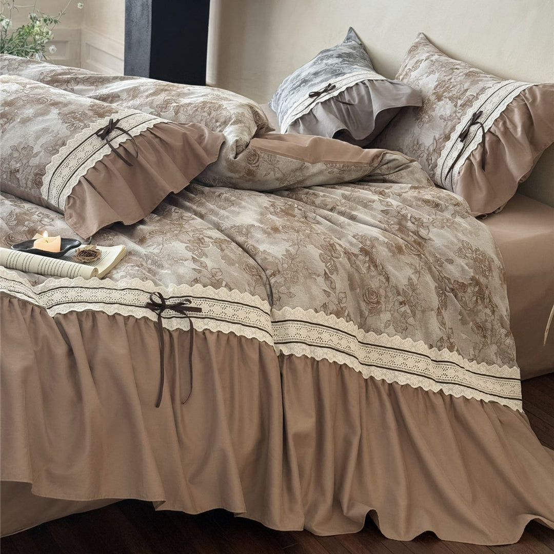 Vintage Rose Ruffled Lace-Trim Cotton Duvet Cover Set with Bedskirt & Pillow Shams
