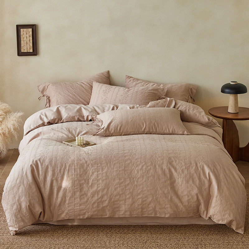 Embossed Botanical Jacquard Duvet Cover Set with Corner Ties and Envelope Shams