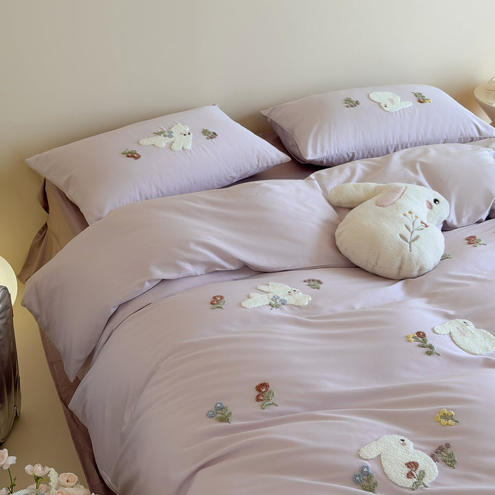 Luxe Embroidered Bunny Cotton Bedding Set with Duvet Cover and Pillowcases
