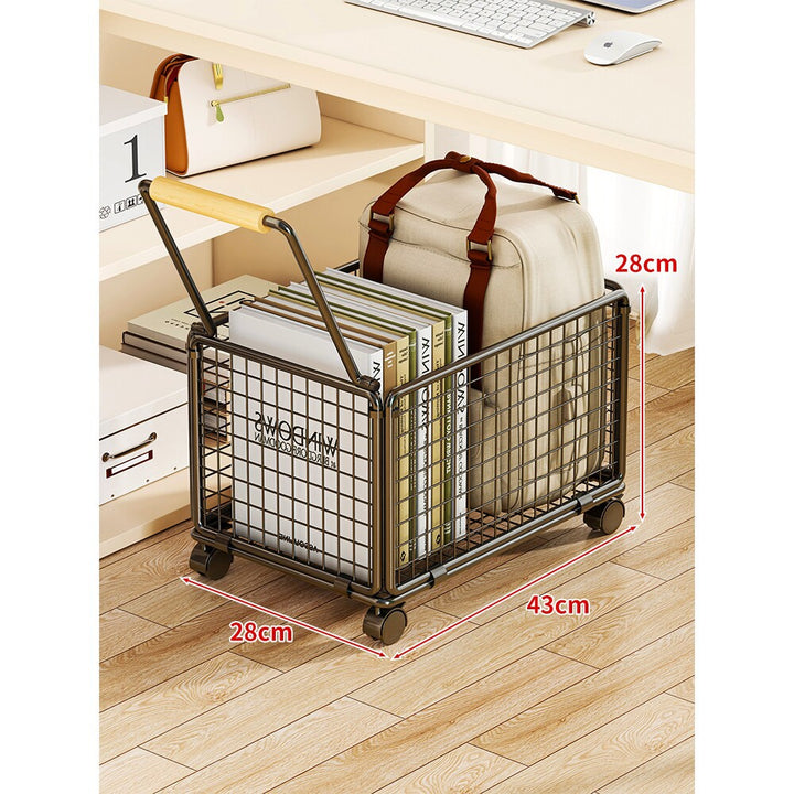 Under-Desk Rolling Wire Storage Cart with Wooden Handle