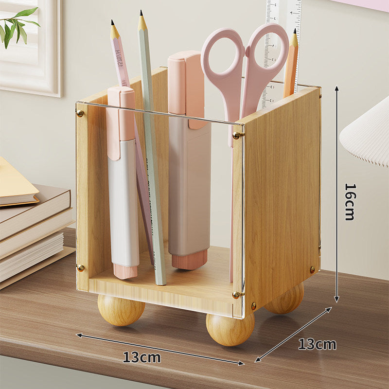 Woodgrain Acrylic Pen and Stationery Holder with Rounded Ball Feet