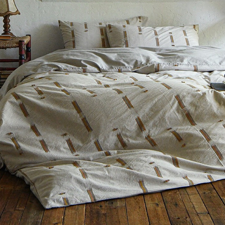 Brushed Cotton-Linen Duvet Cover Set with Tufted Vertical Stripe Embroidery
