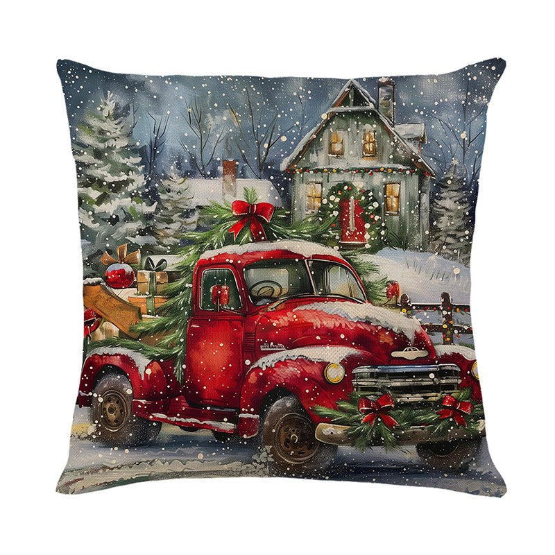Festive Cotton-Linen Square Throw Pillow Cover with Snowman Winter Village Print and Concealed Zipper