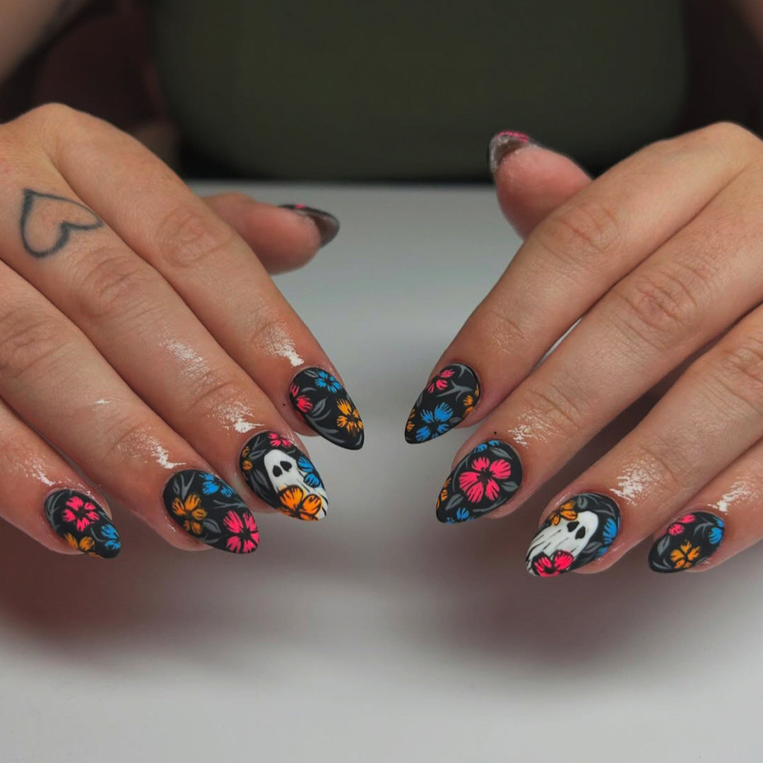 Creative Art Nails with Skull and Colorful Flower Design Stornfield
