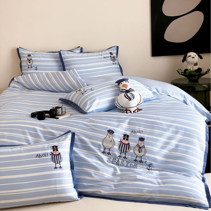 Seaside Stripe Cotton Sateen Duvet Cover Set with Embroidered Seagull Pillow Shams