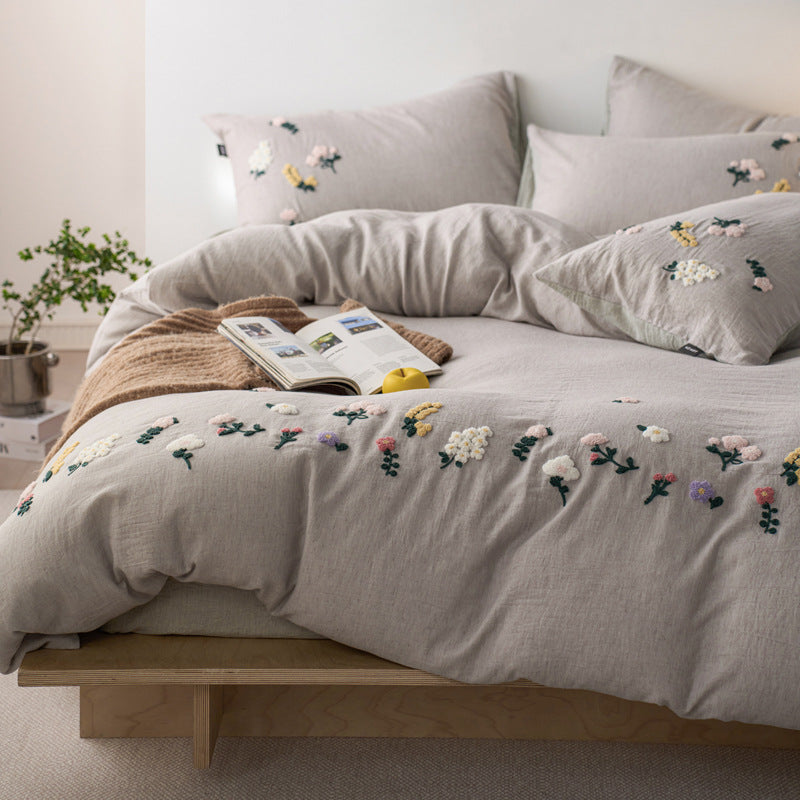 Hand-Tufted Floral Appliqué Linen Duvet Cover and Pillow Sham Set