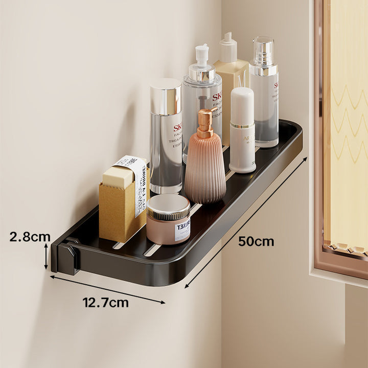Wall-Mounted Slim Adhesive Bathroom Shelf Tray with Slotted Drainage and Rounded Edges