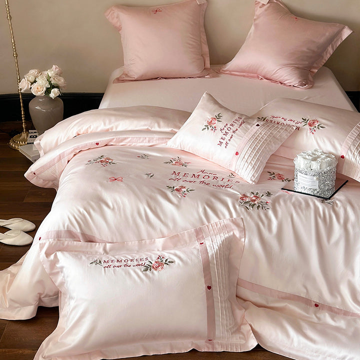 Embroidered Floral Cotton-Sateen Duvet Cover Set with Pintuck Accent Shams