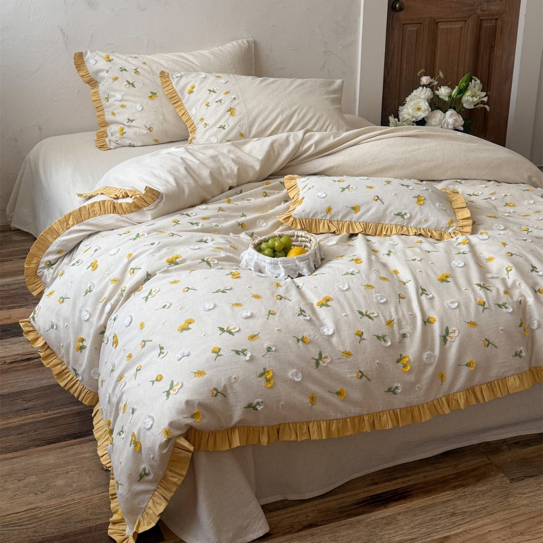 Embroidered Cotton-Linen Duvet Cover Set with Ruffled Hem and Decorative Sham