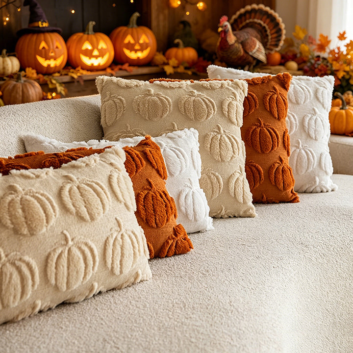 Autumn Plush Decorative Throw Pillow with Dimensional Pumpkin Applique