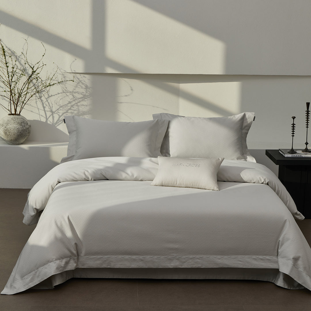 Textured Cotton Sateen Duvet Cover Set with Pillow Shams and Accent Cushion