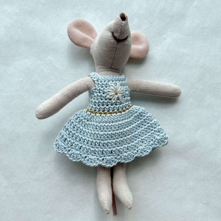 Handcrafted Linen Cotton Mouse Doll with Crochet Dress and Embroidered Flower