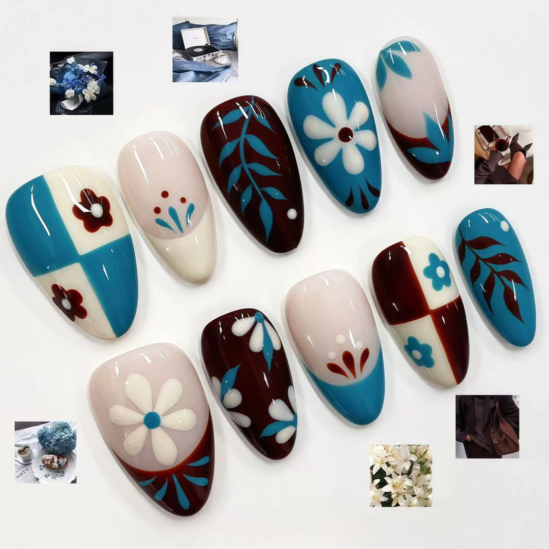 Artistic Press-On Nail Set with Floral and Geometric Designs