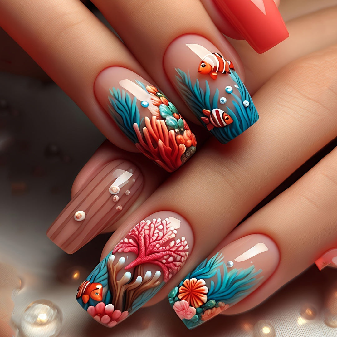 Artificial Acrylic Nails in Maritime Coral Design Stornfield