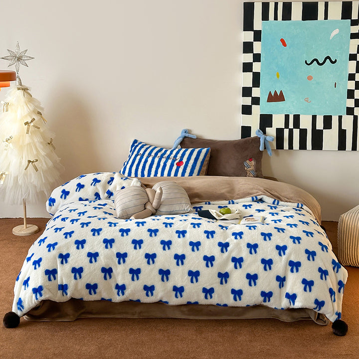 Plush Microfleece Reversible Duvet Cover Set with Pom-Pom Corners and Bow Print